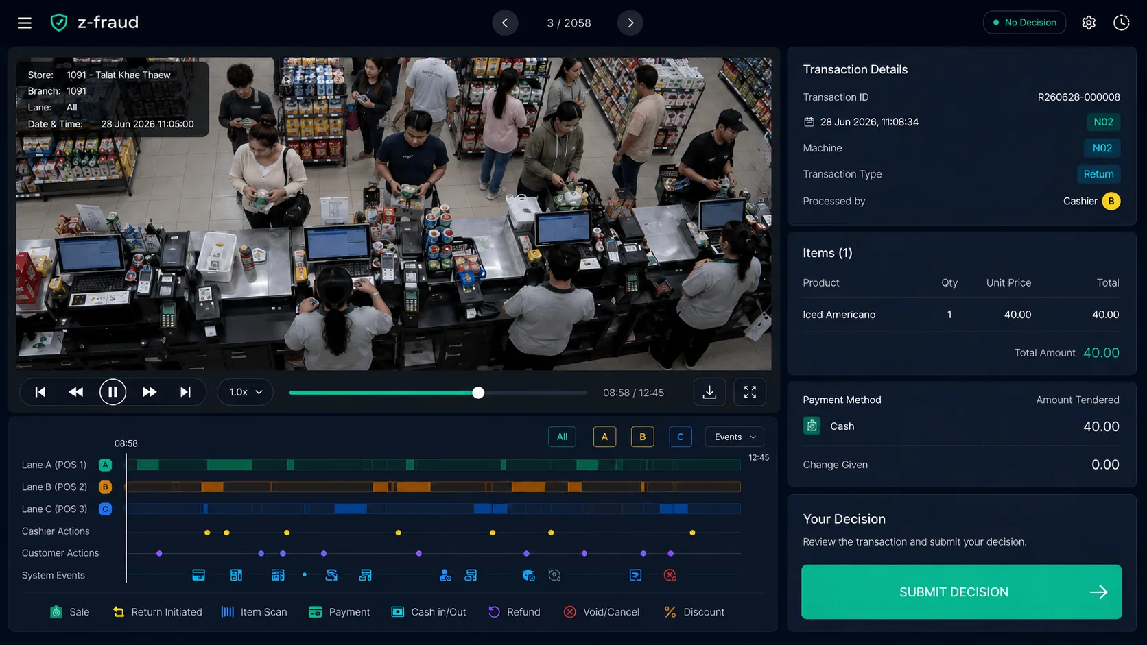 The Z-Fraud review console: store footage with playback controls, a lane-by-lane event timeline, transaction details and a submit-decision panel