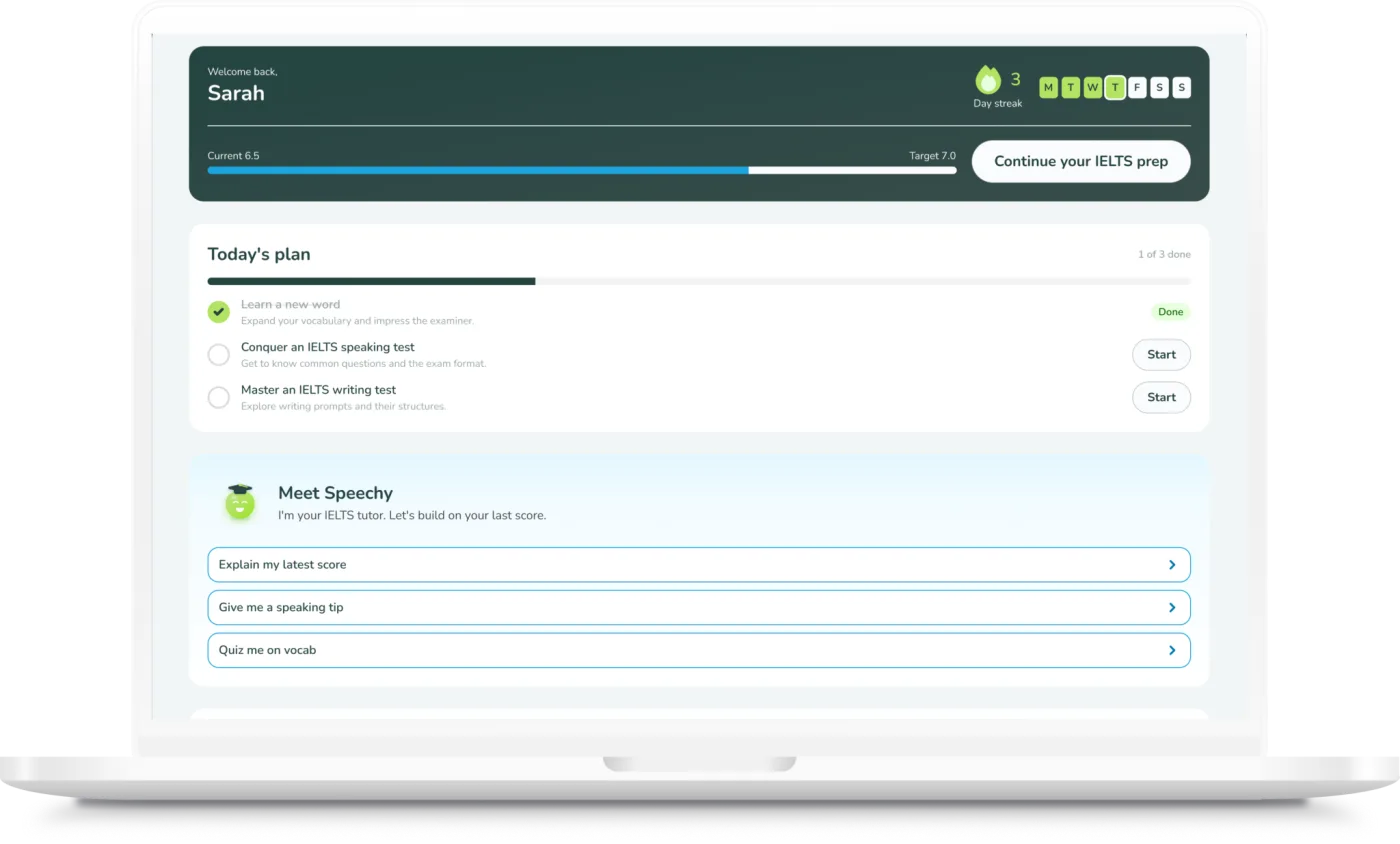 The Speechful dashboard on a laptop, showing a learner's IELTS study plan and their AI tutor, Speechy